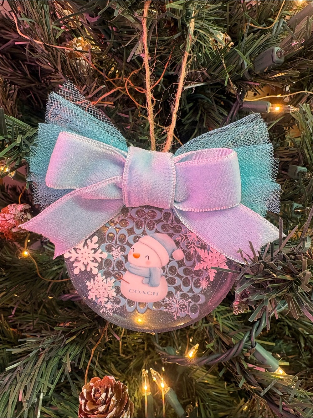 Pastel Blue-Pink Snowman Holiday Ornament with Shimmer Bow